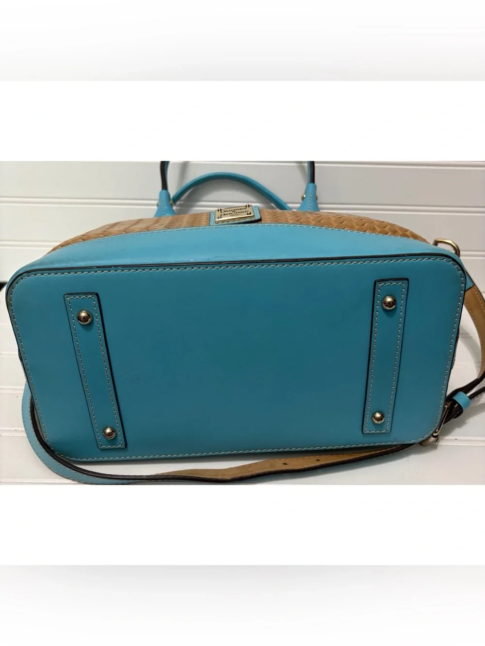 Dooney & Bourke Blue Leather Brown Woven Domed Satchel Shoulder Bag Purse Tote
